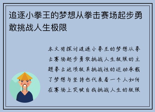 追逐小拳王的梦想从拳击赛场起步勇敢挑战人生极限